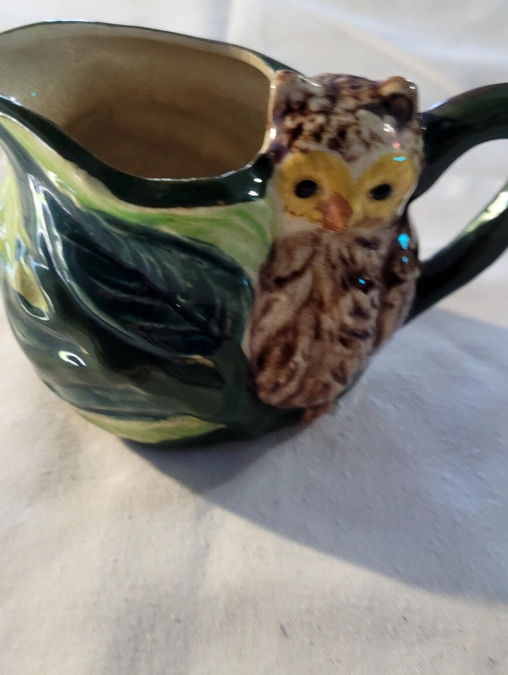 OWL CREAMER Wrapped in Green Leaves Vintage Pottery Made in Japan